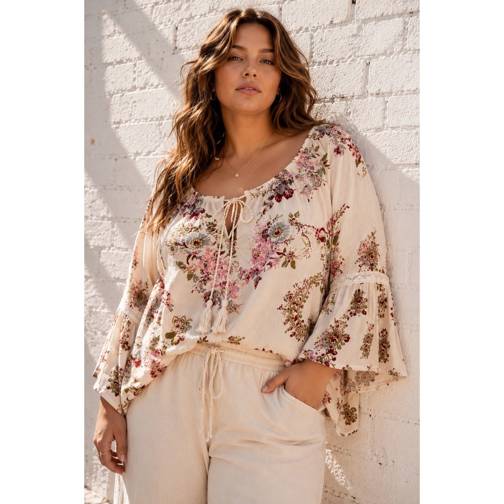 Bila Floral Paisley Bell Sleeve Boho Tunic Blouse Tassel Tie 100% Rayon XXL